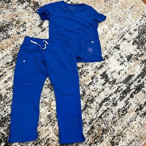 Used - Figs Scrub Set Royal Blue. Pants Petite L - Top Large With Stain on front